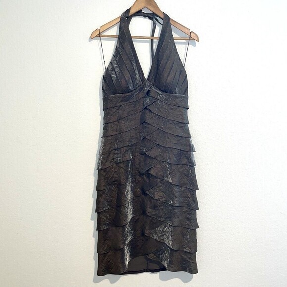 Cache Brown Dress Size 8 Layered Cocktail Metallic copper  Halter - Picture 1 of 7
